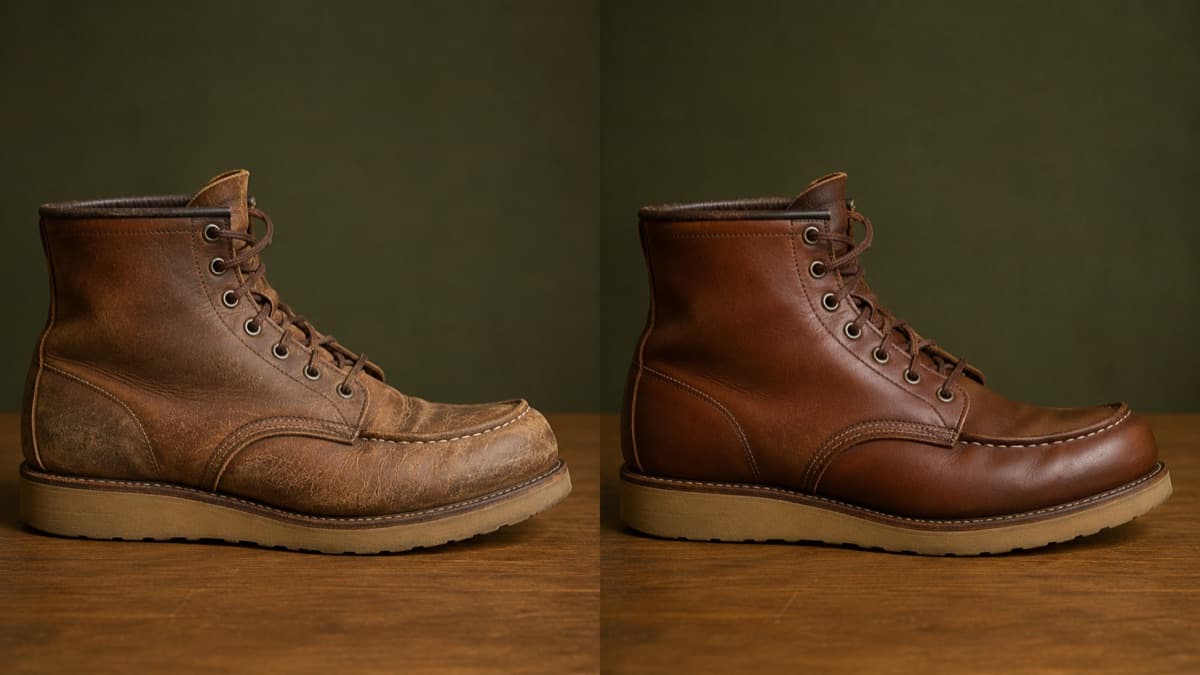 The same brown leather work boot photographed twice at an identical angle under identical light: dry and pale with fine cracking on the left, supple and evenly toned on the right.