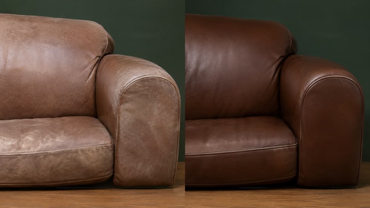 The same section of a plain leather sofa armrest photographed twice under identical light: sun-faded and chalky on the left, evenly recoloured on the right.