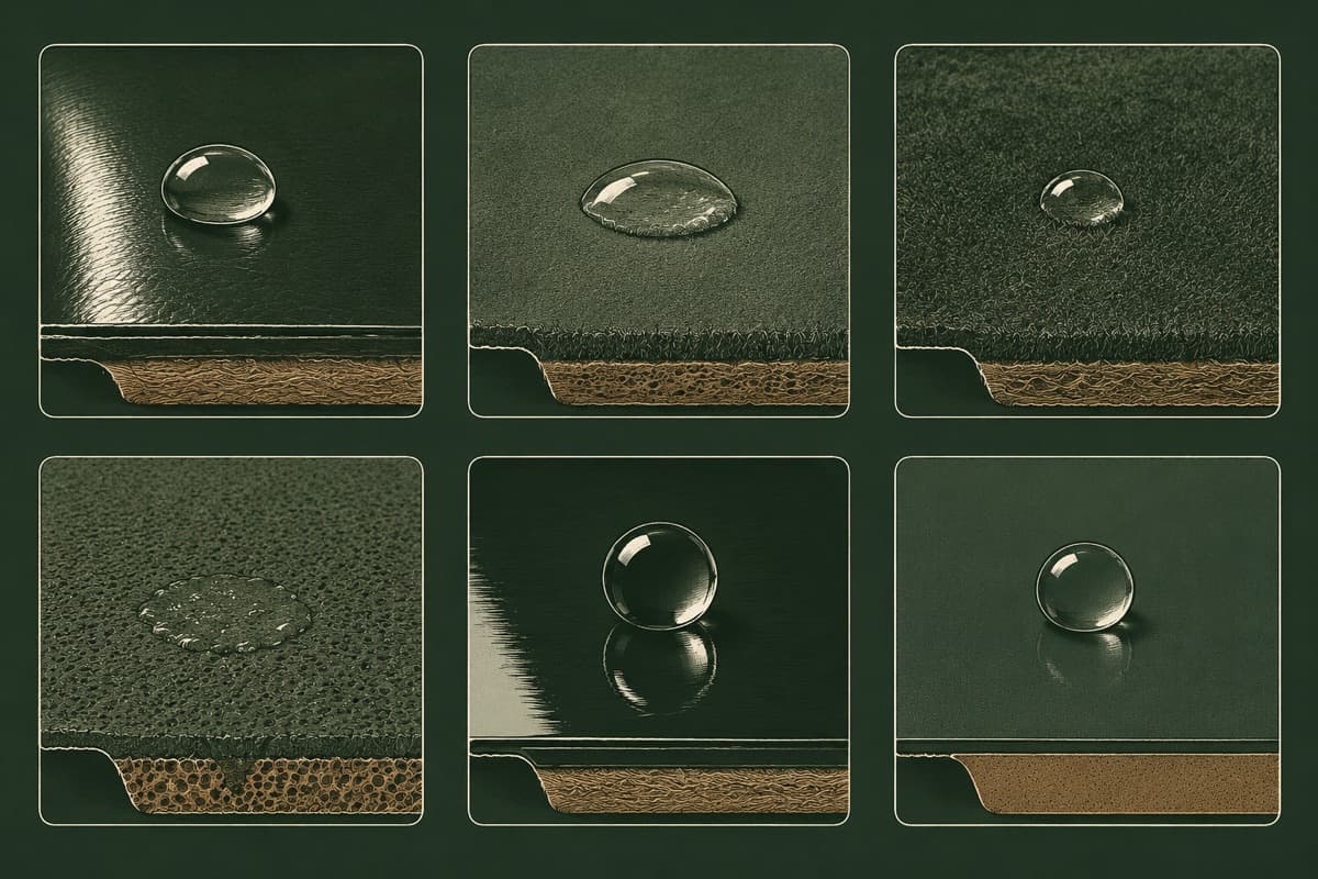 Six magnified leather swatches side by side with a water droplet behaving differently on each: beading on the sealed surfaces, half absorbed on the napped ones, fully absorbed on the open-pored one.