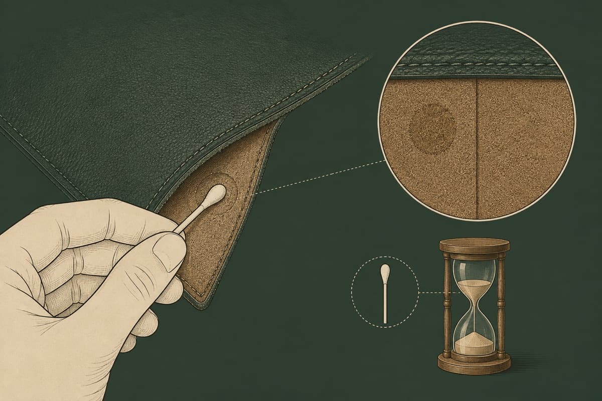 Diagram of a hand dabbing a cotton swab on a hidden seam area, with a magnified inset comparing tested and untested surface.